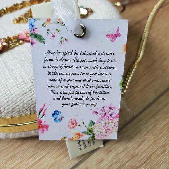 Viral Handcrafted In India Beaded Bag Monogrammed "M" Beige Round Clutch Chain - Picture 7 of 16